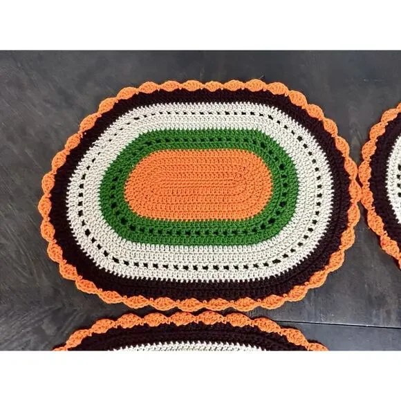 Vtg Set Of 4 BOHO Handmade Crocheted Table Placement Mats Beige Autumn Colors - Picture 2 of 12